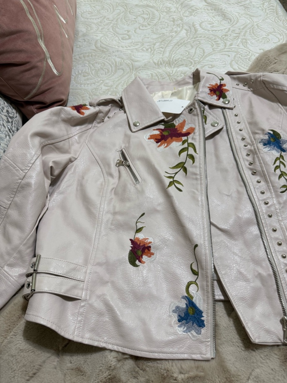 Embroidered Cream Vegan Leather Motorcycle Jacket - Women
